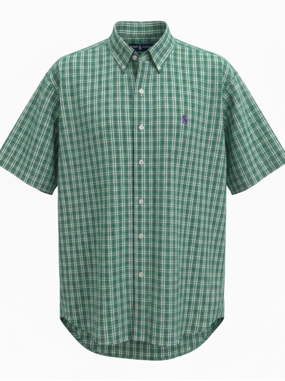 Ralph Lauren Green, Purple & White Plaid Button-Down Short Sleeve Shirt